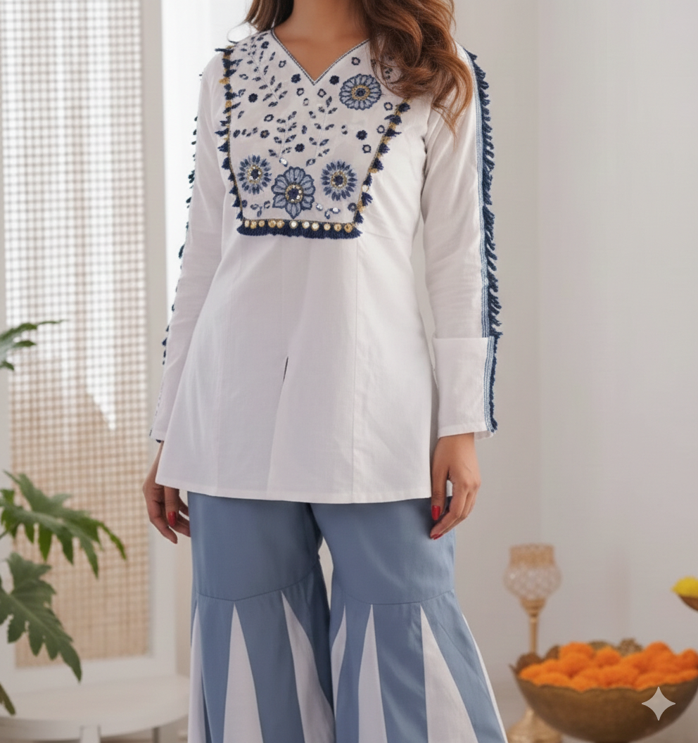 Blue and white Pure Roman Silk Co‑ord Set with Hand Embroidery & Mirror Work_045
