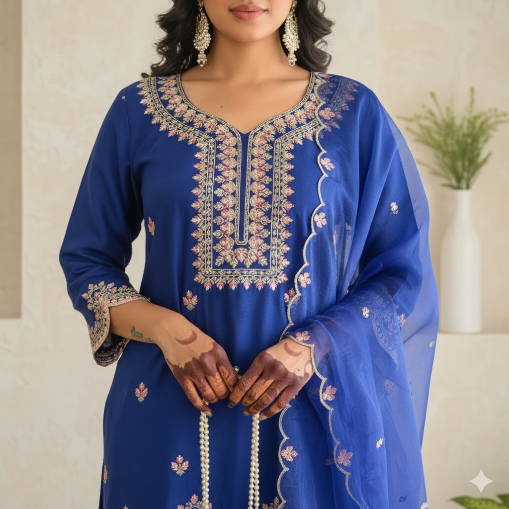 Royal Blue Premium Dola Silk Short Kurta Suit Set _058
