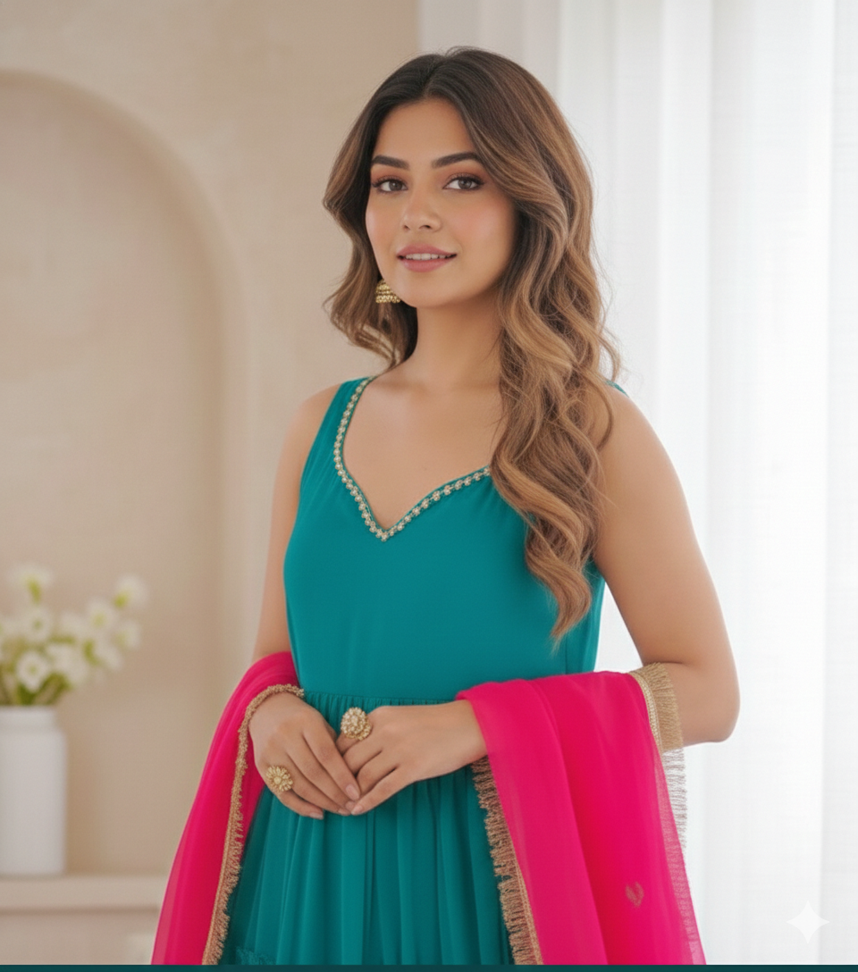 Teal Flair Georgette Chiffon Gown with Pink Golden Lace Dupatta Crepe Pant _049