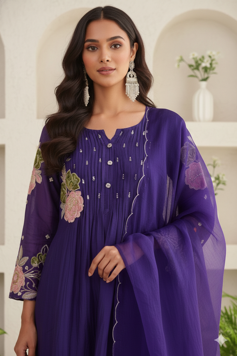Purple Mul Chanderi Short Kurta 3PC Set with Zari & Sequin Work_060