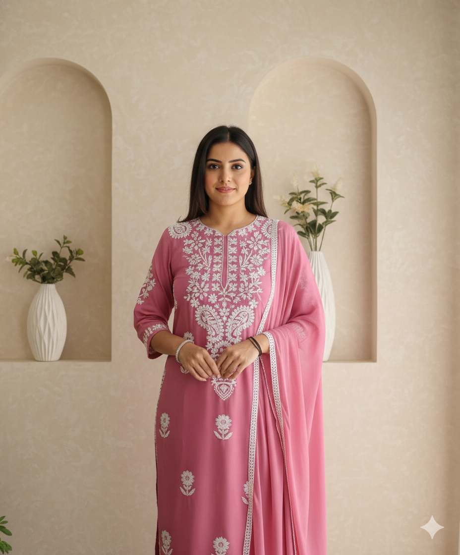 Pink Chikankari Palazzo Set with Crochet Lace Work_054