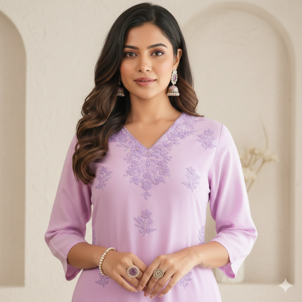 Lavender Chikankari Palazzo Set with Crochet Lace Work_056
