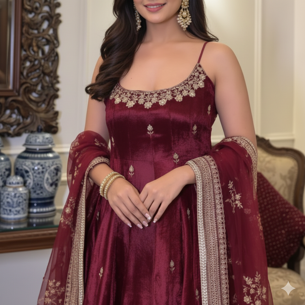 Maroon anarkali gown suit set_042