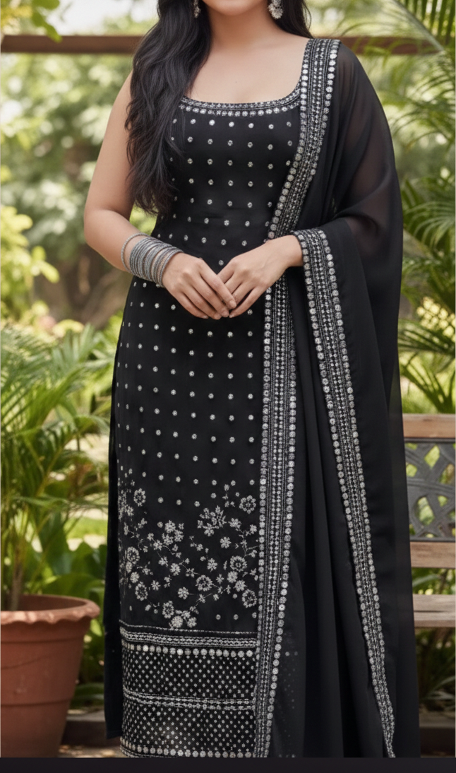 Black Georgette Designer Suit Set with Heavy Embroidery & Real Mirror Work_040