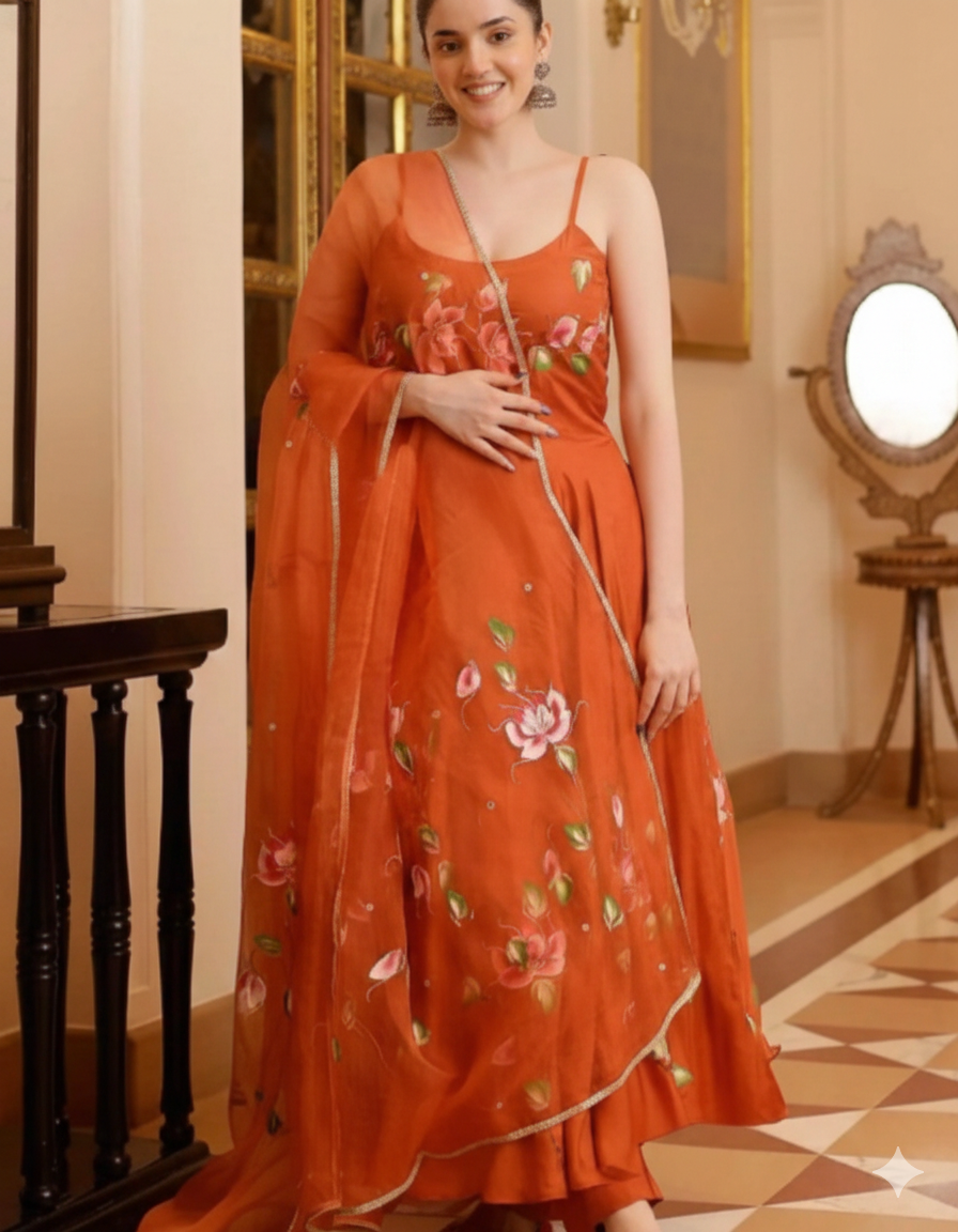 Orange Anarkali Kurti Set_041
