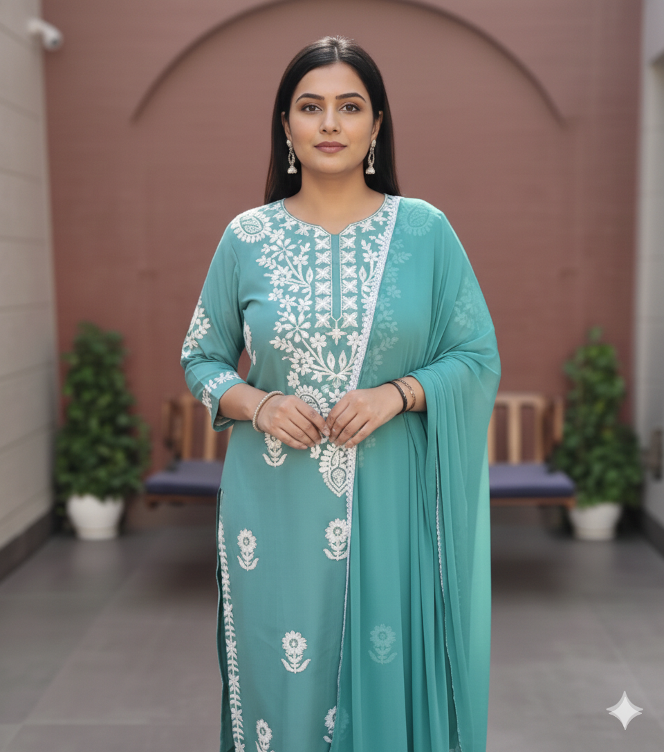 Teal Chikankari Palazzo Set with Crochet Lace Work_055