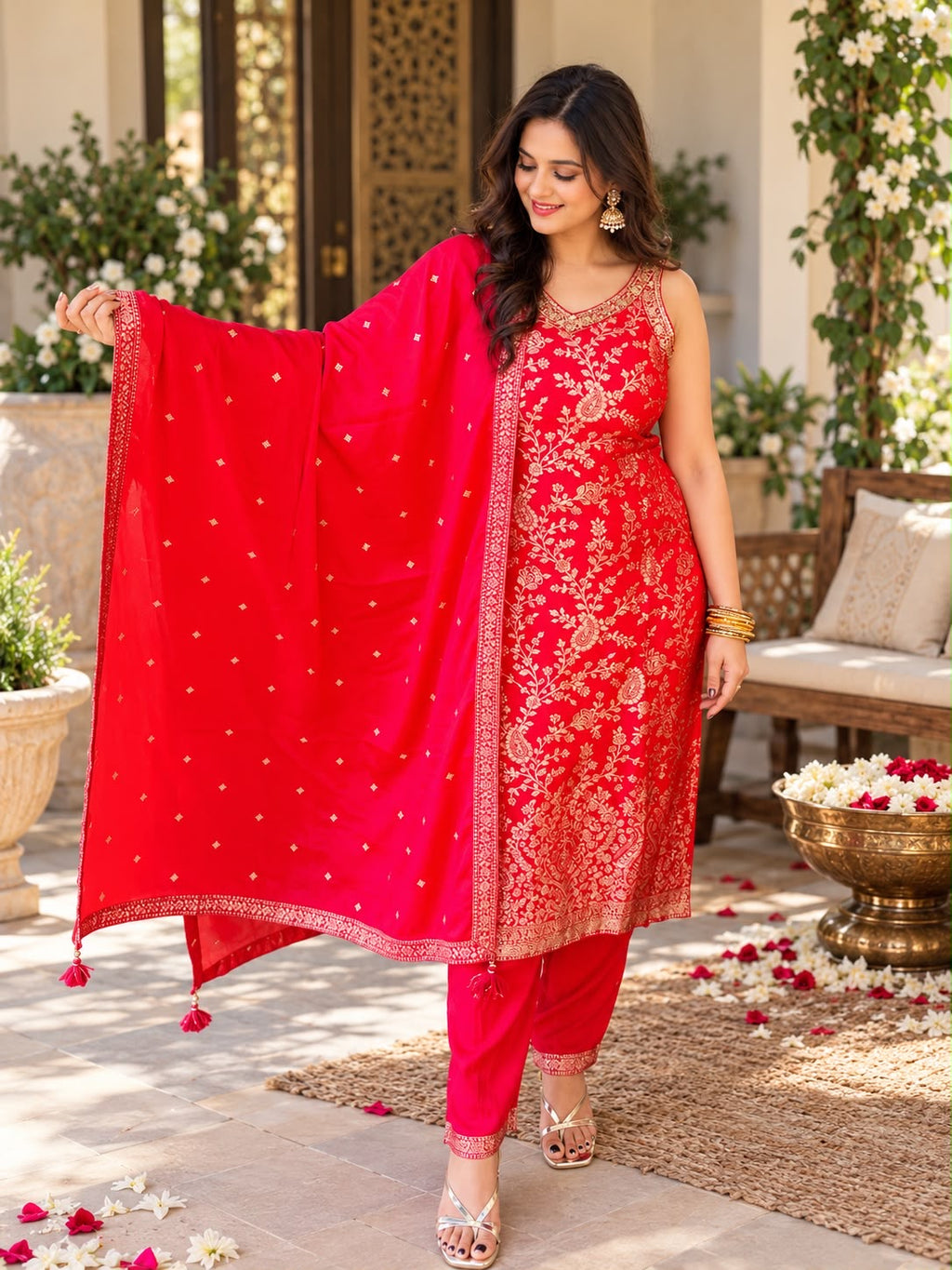 Red Silk Brocade Embroidered Suit Set (With Optional Sleeves)_178