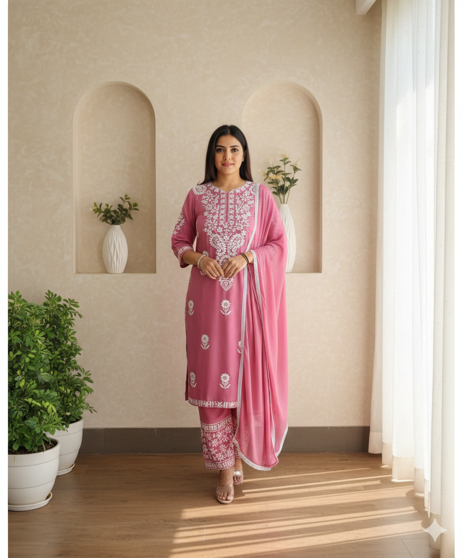 Pink Chikankari Palazzo Set with Crochet Lace Work_054