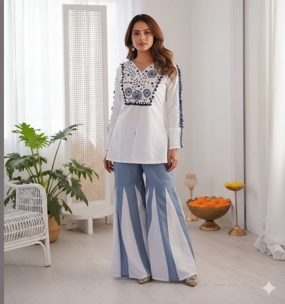 Blue and white Pure Roman Silk Co‑ord Set with Hand Embroidery & Mirror Work_045