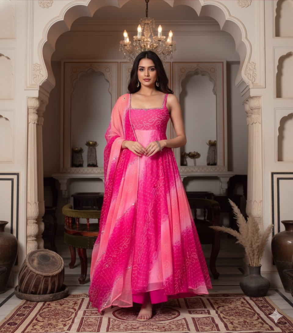 Pink Gown Set with Real Mirror Handwork & 4.5m Flair_044