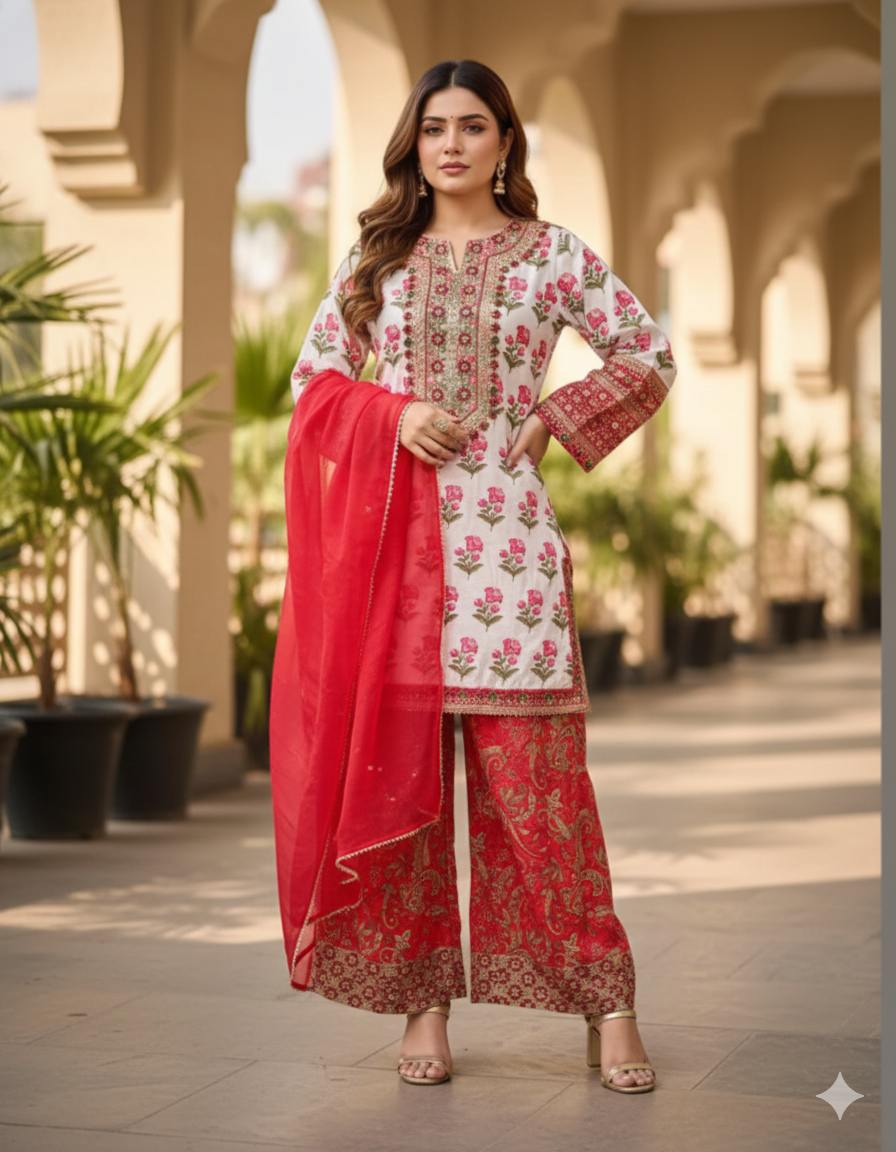 White and Red Digital Print Top and Farshi Plazzo_039