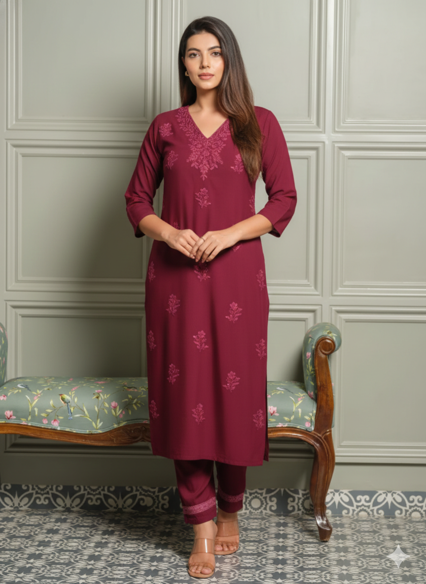 Wine Chikankari Palazzo Set with Crochet Lace Work_053