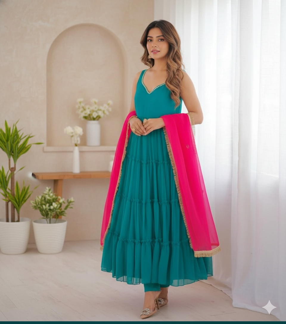 Teal Flair Georgette Chiffon Gown with Pink Golden Lace Dupatta Crepe Pant _049