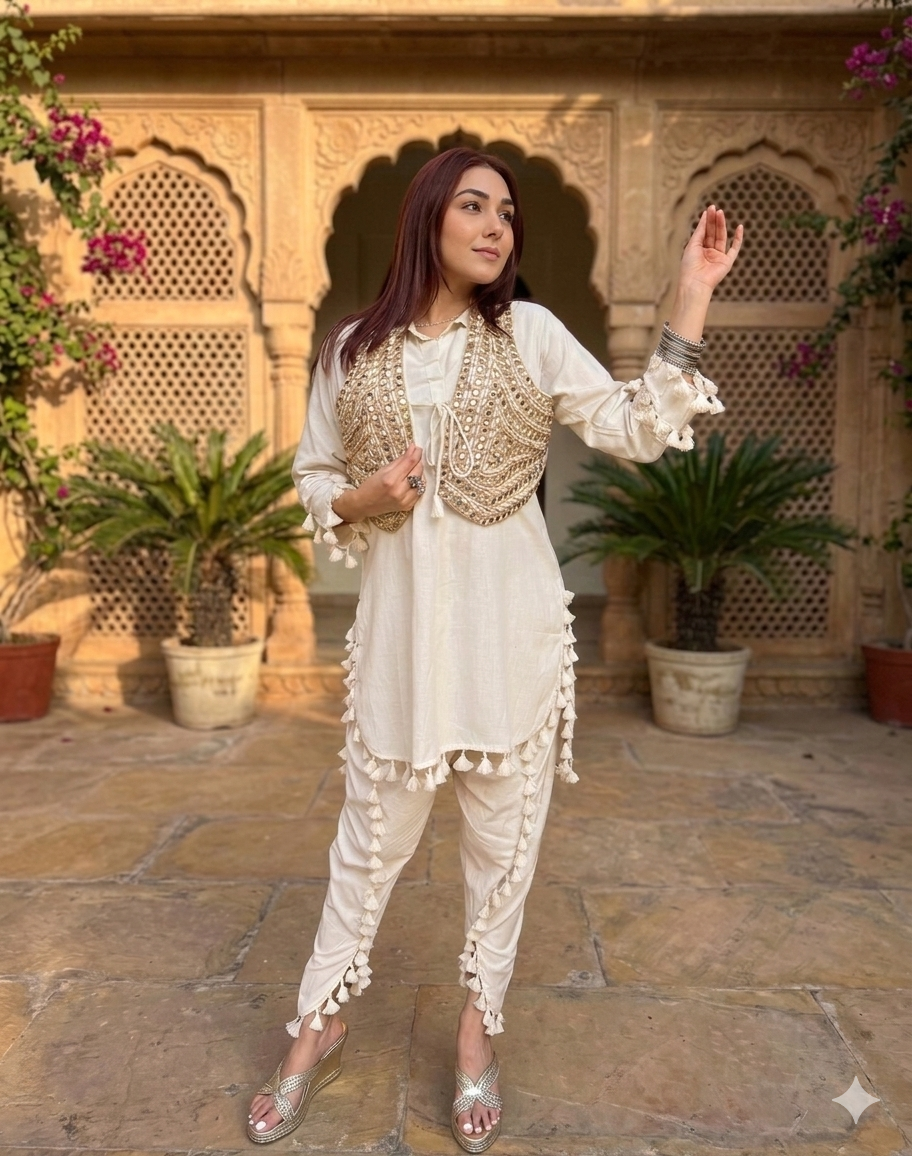 White Dhoti co-ord set with Golden jacket_072