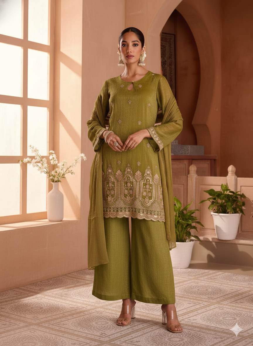 Olive Green Tissue Crush Divider Suit Set with Short Kurta & Heavy Beadwork_066