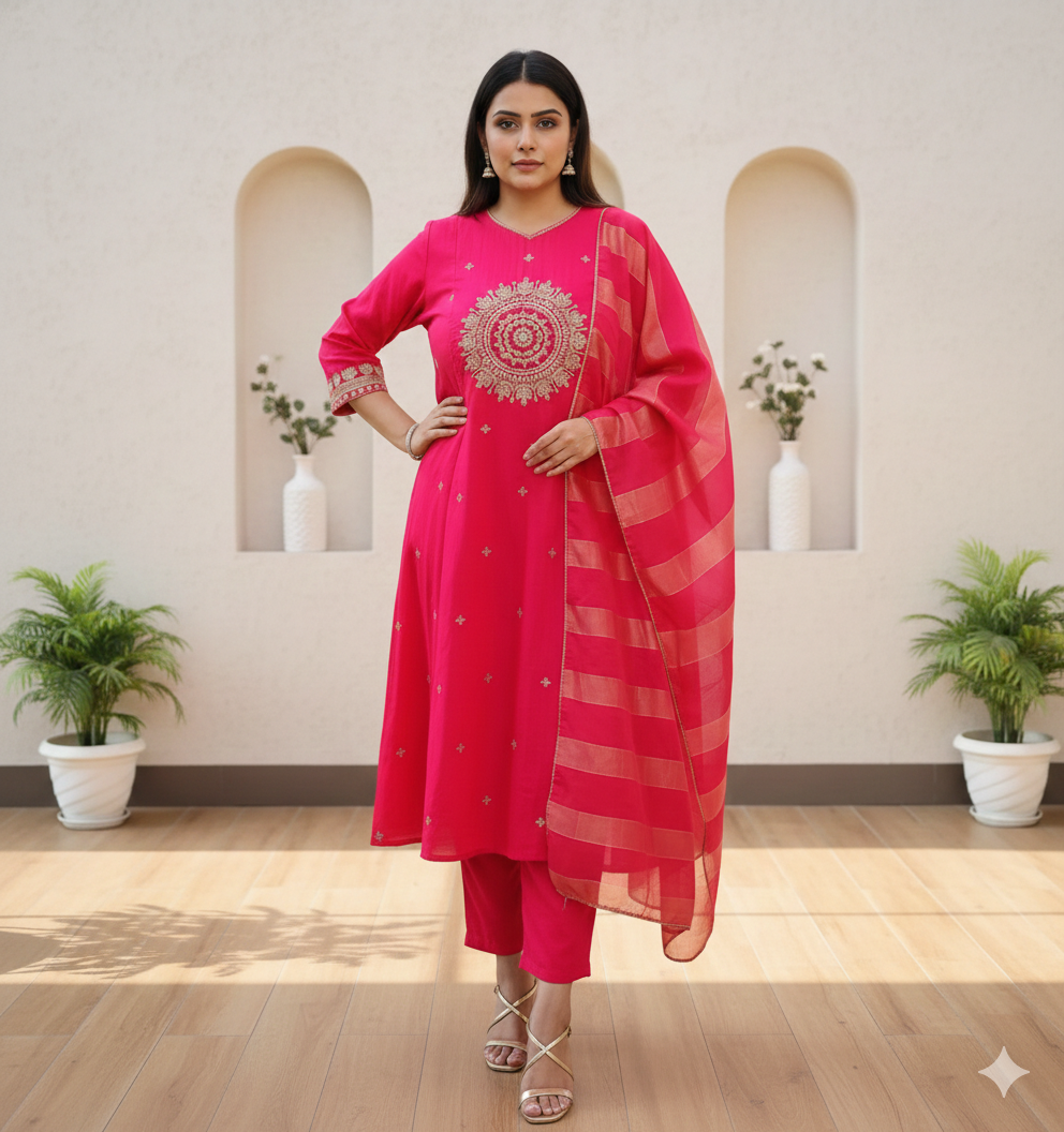 Pink and Golden Mul Chanderi 3PC Suit Set with Zari Coding Work_057