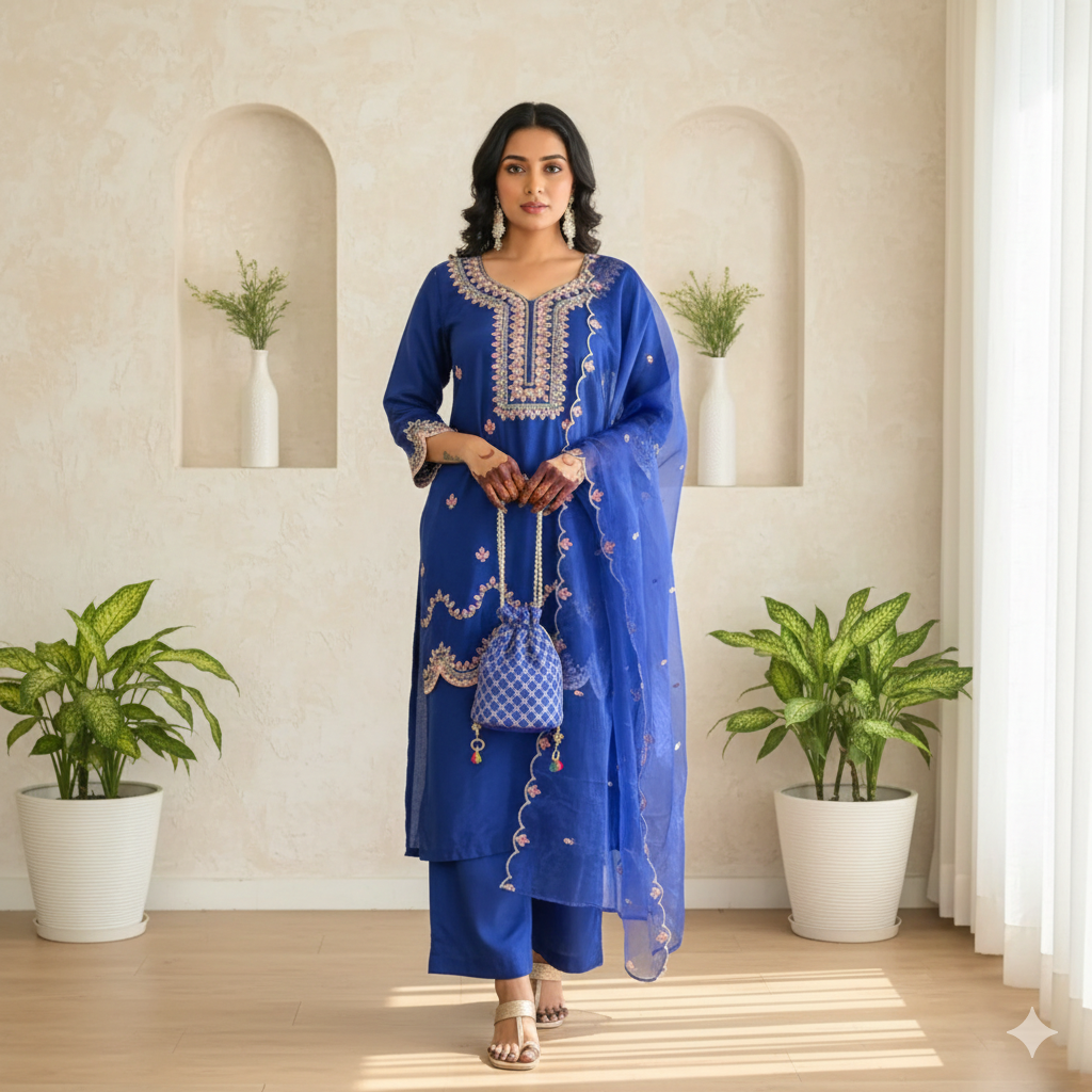 Royal Blue Premium Dola Silk Short Kurta Suit Set _058