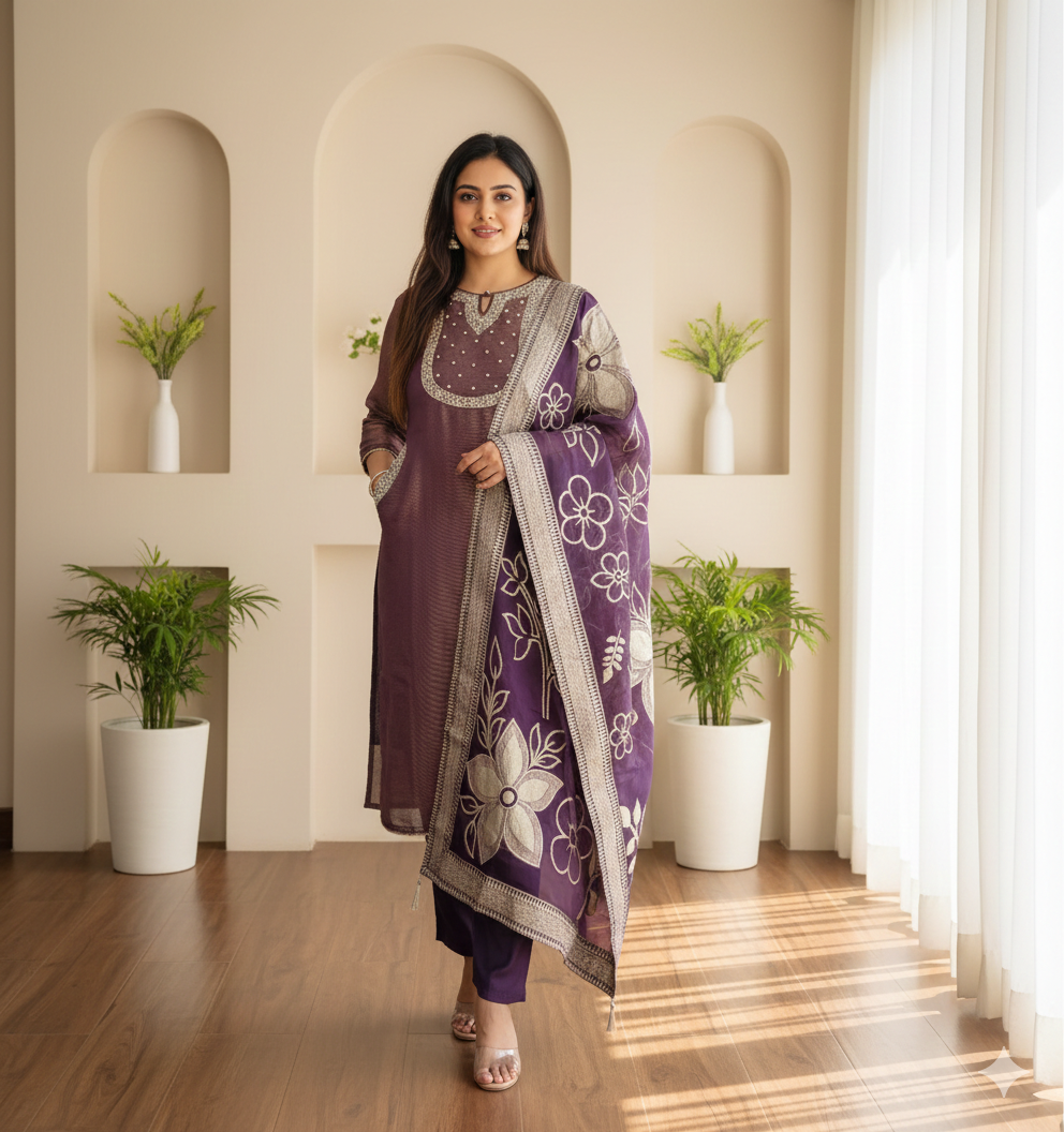 Purple Shimmer Tissue Partywear Suit Set with Handwork & Banarasi Dupatta_062