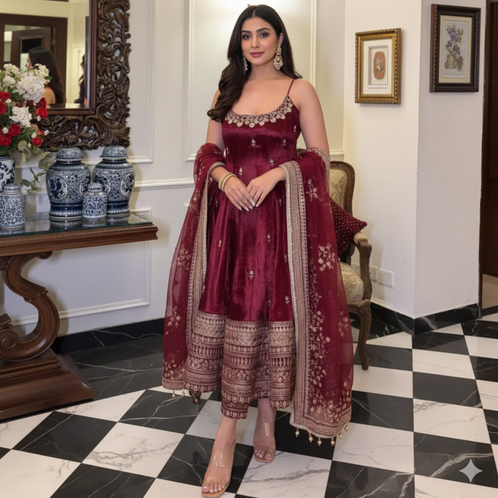 Maroon anarkali gown suit set_042