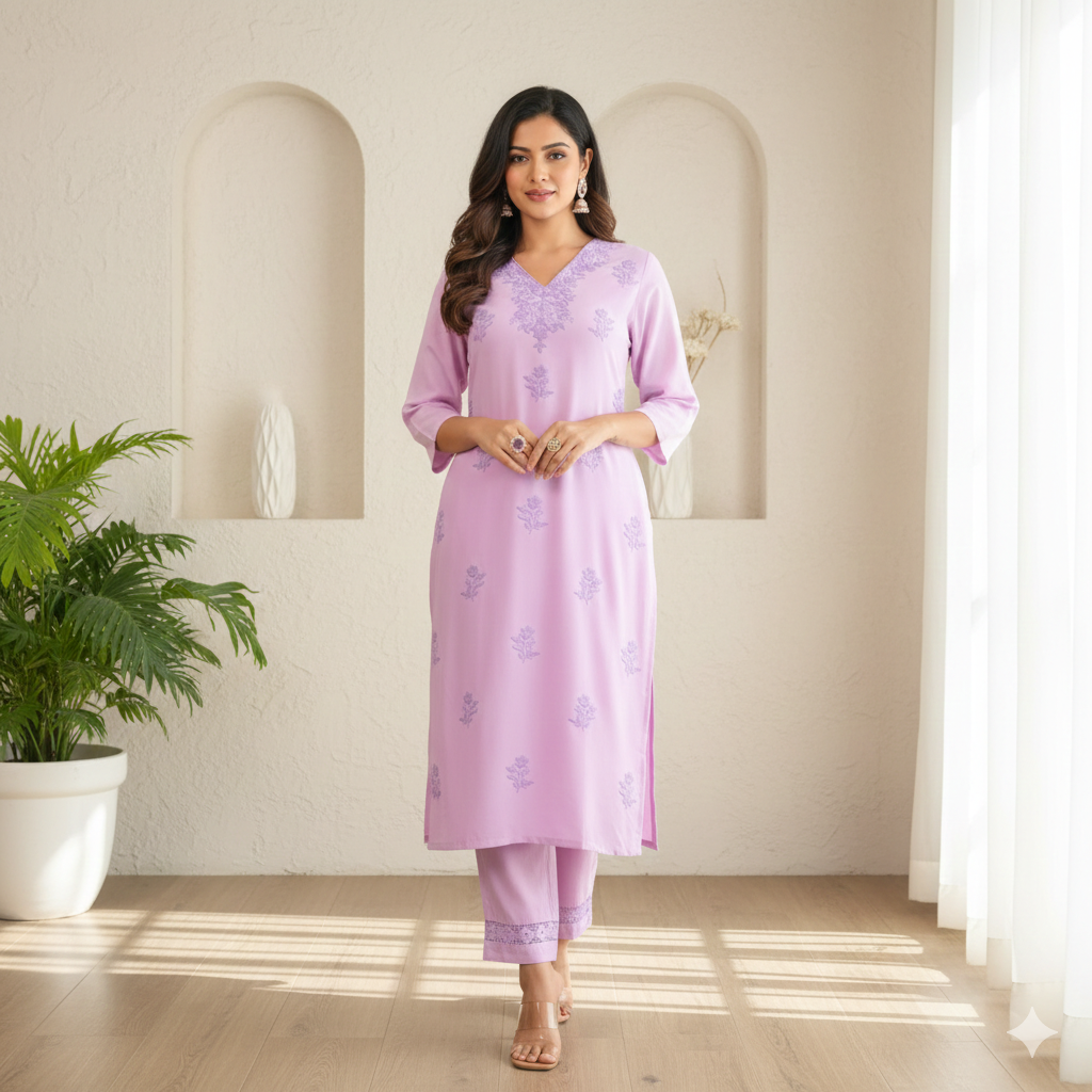 Lavender Chikankari Palazzo Set with Crochet Lace Work_056