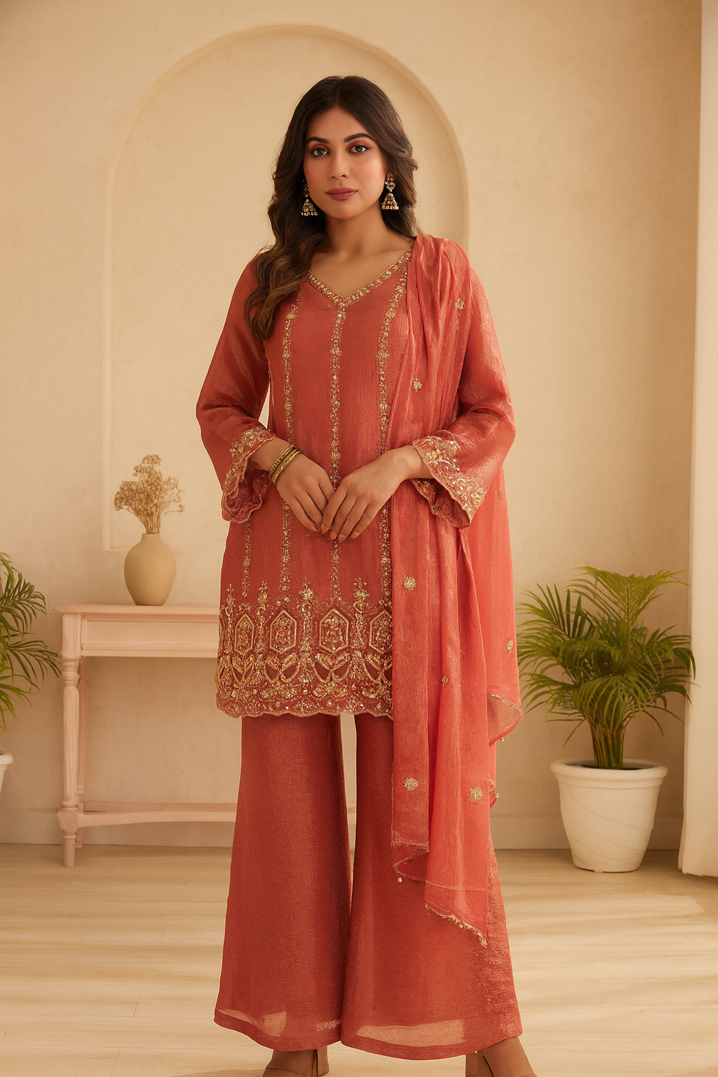 Red (Brick) Premium Tissue Crush Divider Suit Set with Short Kurta & Beadwork_064