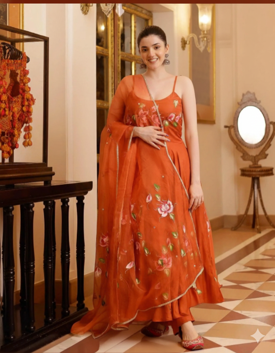 Orange Anarkali Kurti Set_041