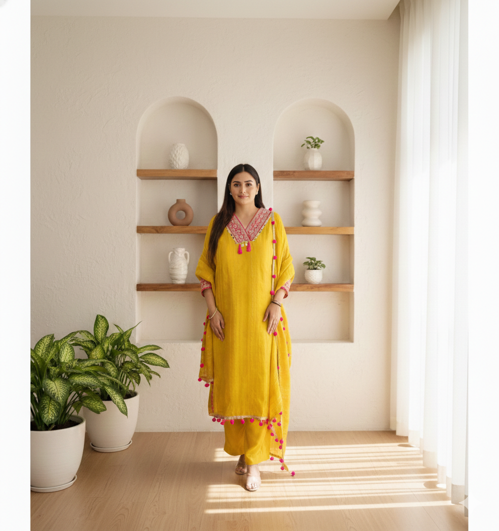 Yellow POM POM Tissue Shimmer Suit Set with Mirror & Zari Work_052