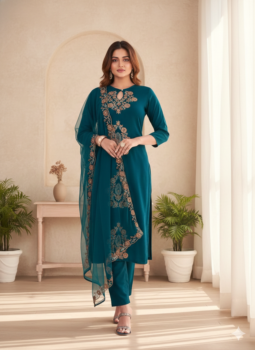 Teal Floral Embroidered Thread Work Straight Kurta With Trousers & Dupatta_051