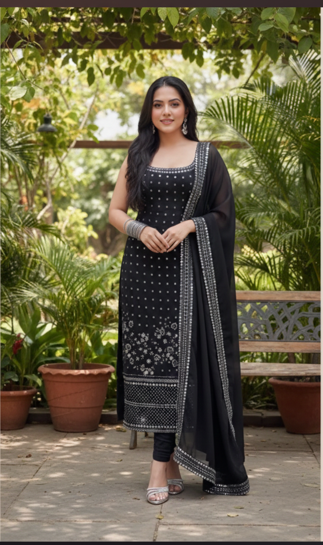 Black Georgette Designer Suit Set with Heavy Embroidery & Real Mirror Work_040