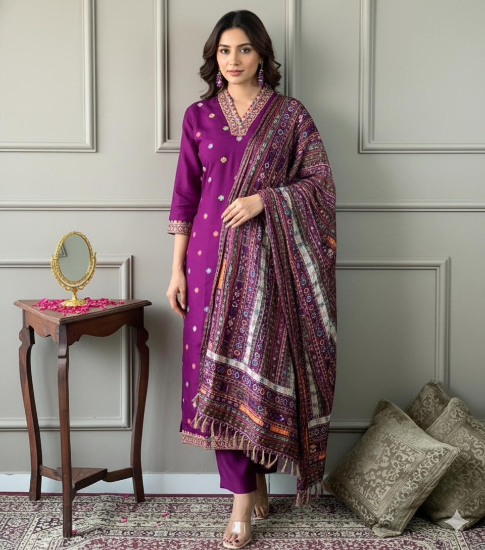 Purple Chanderi Kurti Set_047