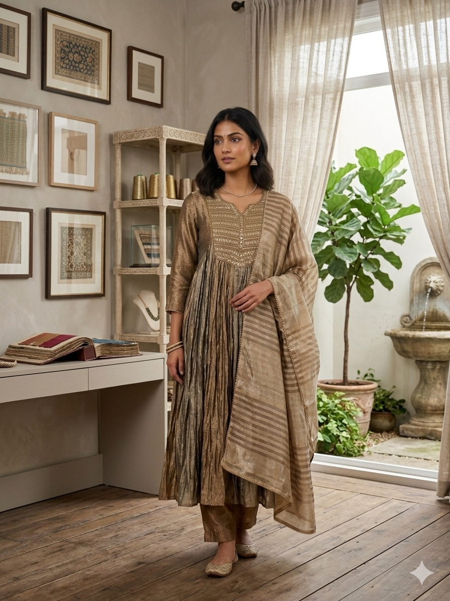 Brown Premium Kanjivaram Crush Glass Tissue Suit _112