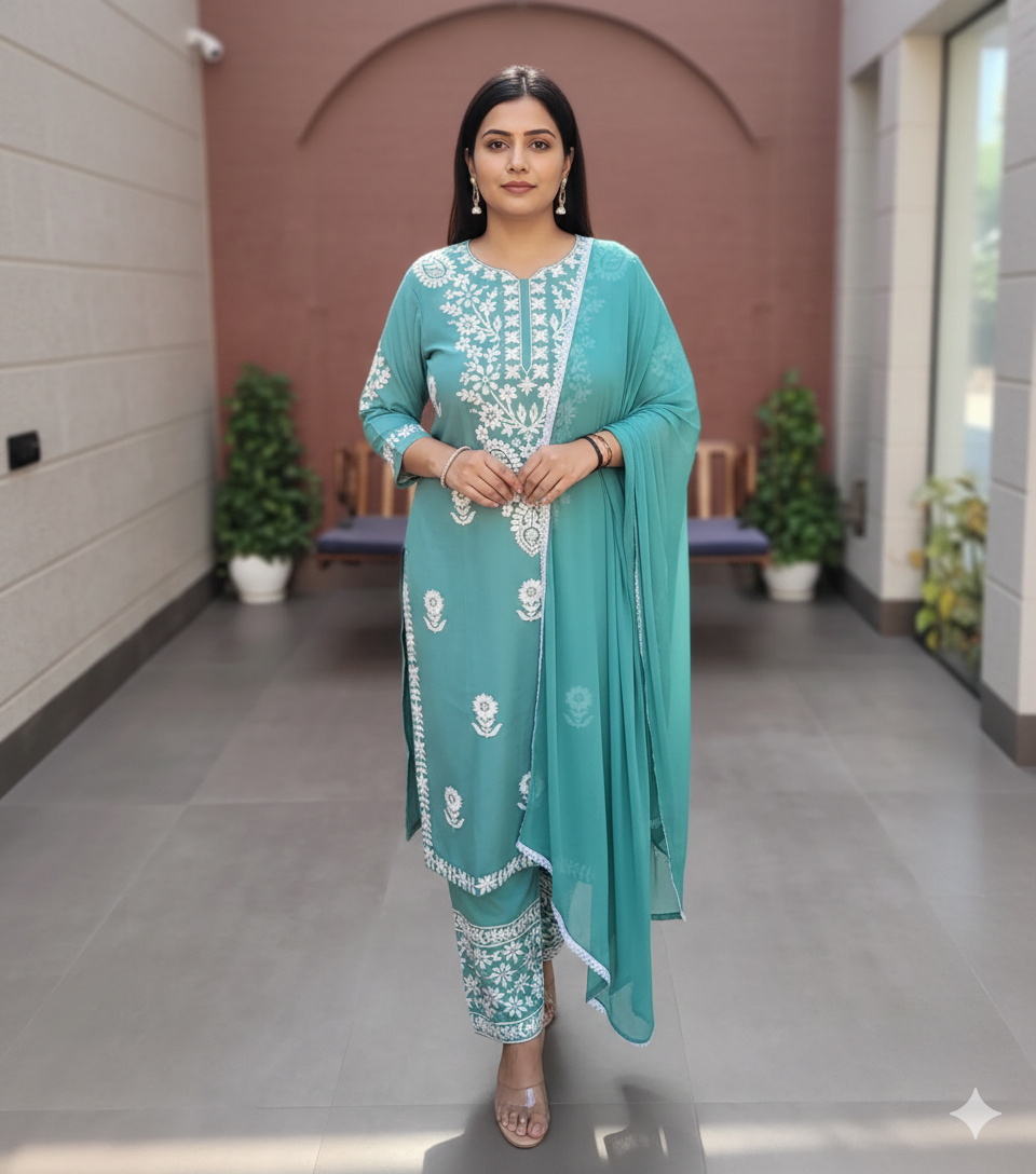 Teal Chikankari Palazzo Set with Crochet Lace Work_055