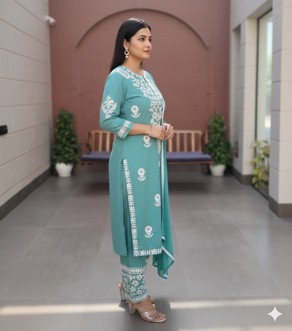 Teal Chikankari Palazzo Set with Crochet Lace Work_055