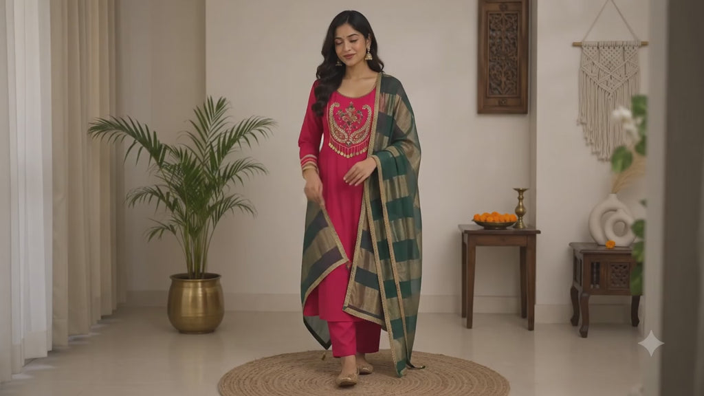 Red and Emerald Green Mulhanderi Zardozi Embroidered 3PC suit_122