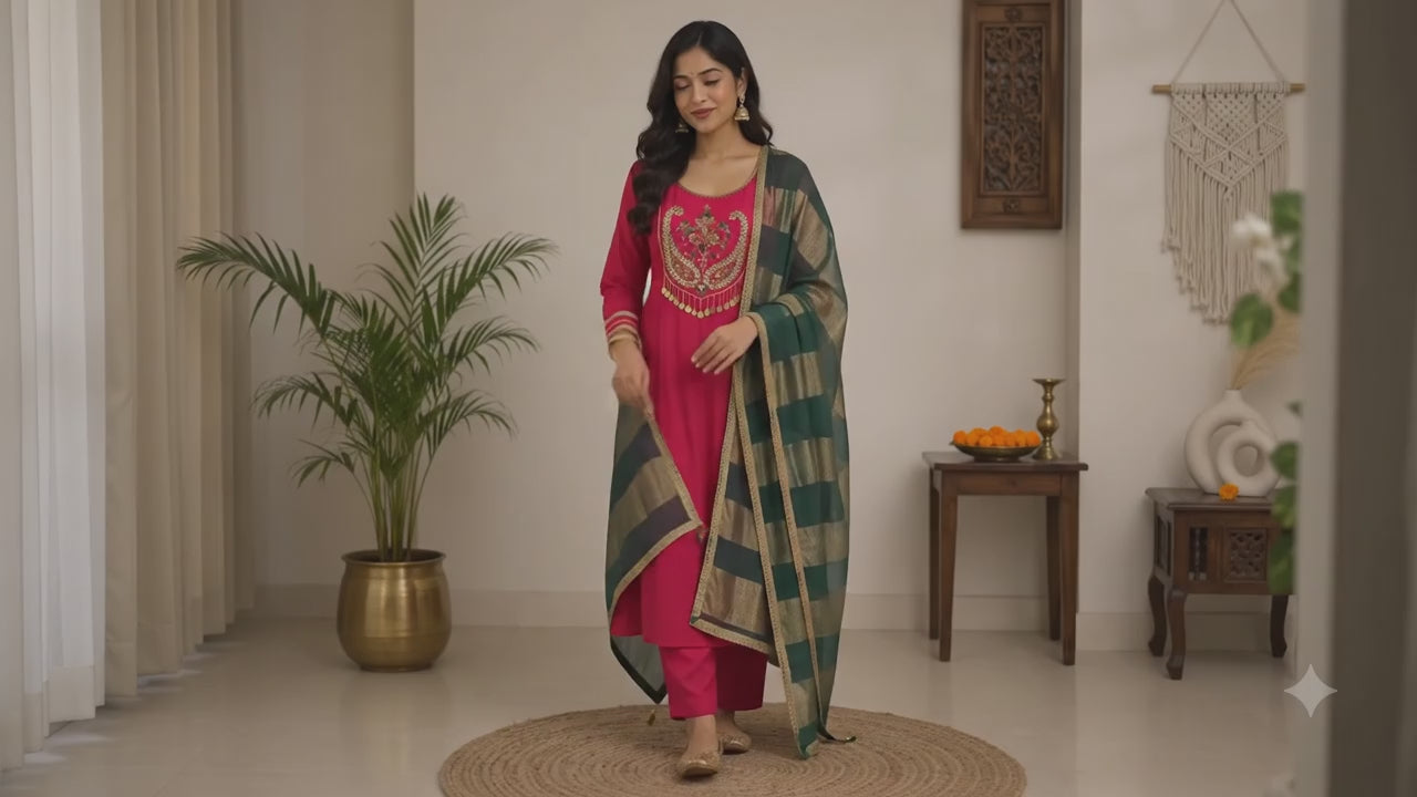 Red and Emerald Green Mulhanderi Zardozi Embroidered 3PC suit_122
