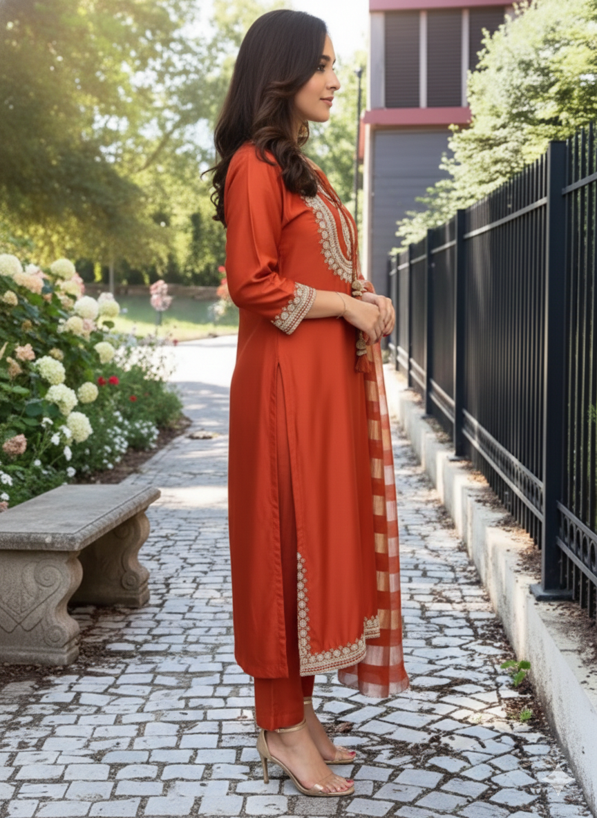 Orange Chanderi Suit with Silk Dupatta and Embroidery Work_038