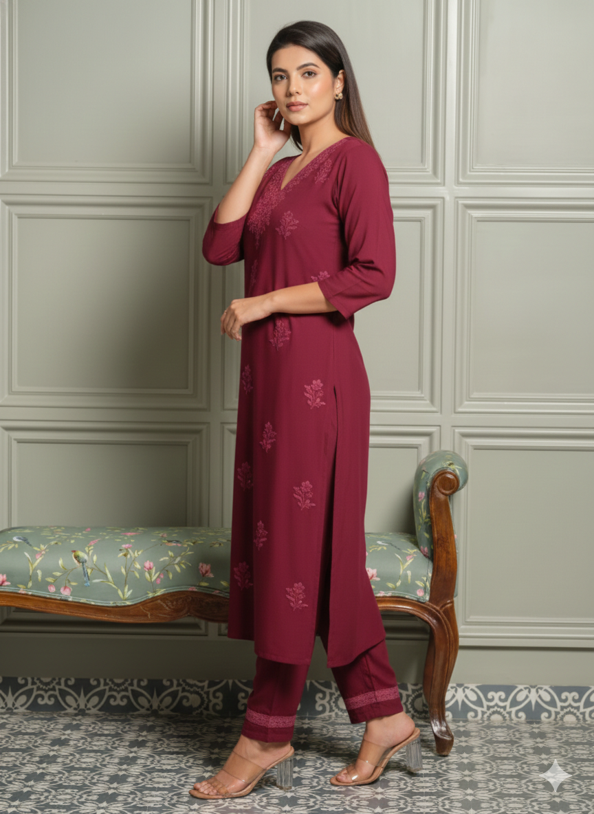 Wine Chikankari Palazzo Set with Crochet Lace Work_053