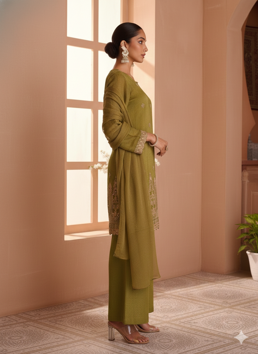 Olive Green Tissue Crush Divider Suit Set with Short Kurta & Heavy Beadwork_066