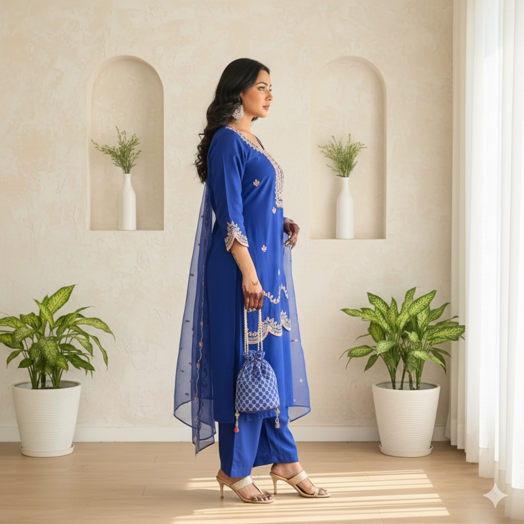 Royal Blue Premium Dola Silk Short Kurta Suit Set _058