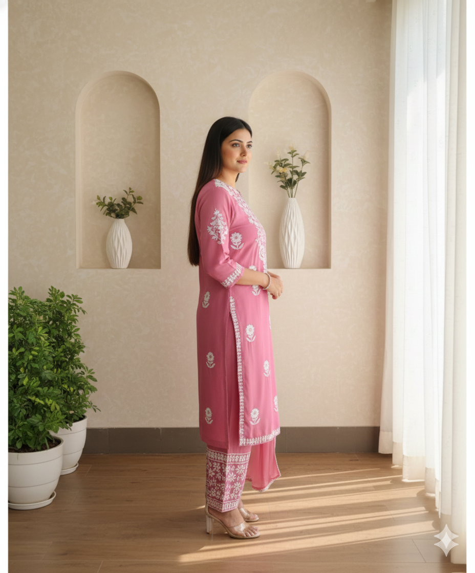 Pink Chikankari Palazzo Set with Crochet Lace Work_054