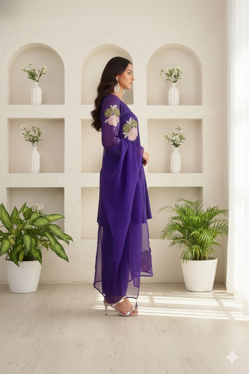 Purple Mul Chanderi Short Kurta 3PC Set with Zari & Sequin Work_060