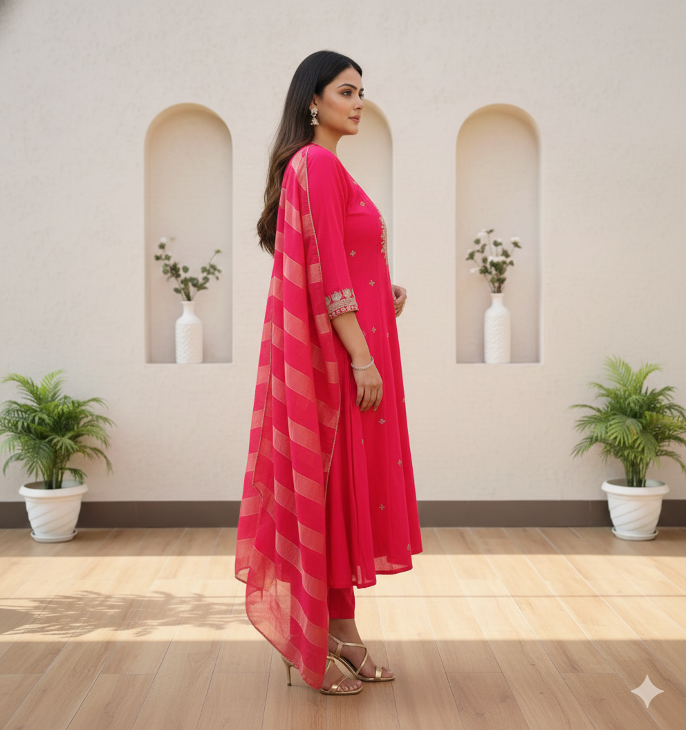 Pink and Golden Mul Chanderi 3PC Suit Set with Zari Coding Work_057