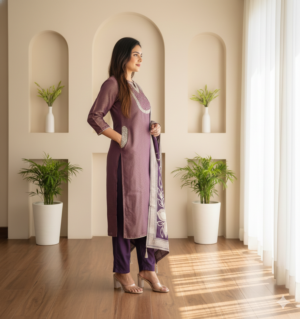 Purple Shimmer Tissue Partywear Suit Set with Handwork & Banarasi Dupatta_062