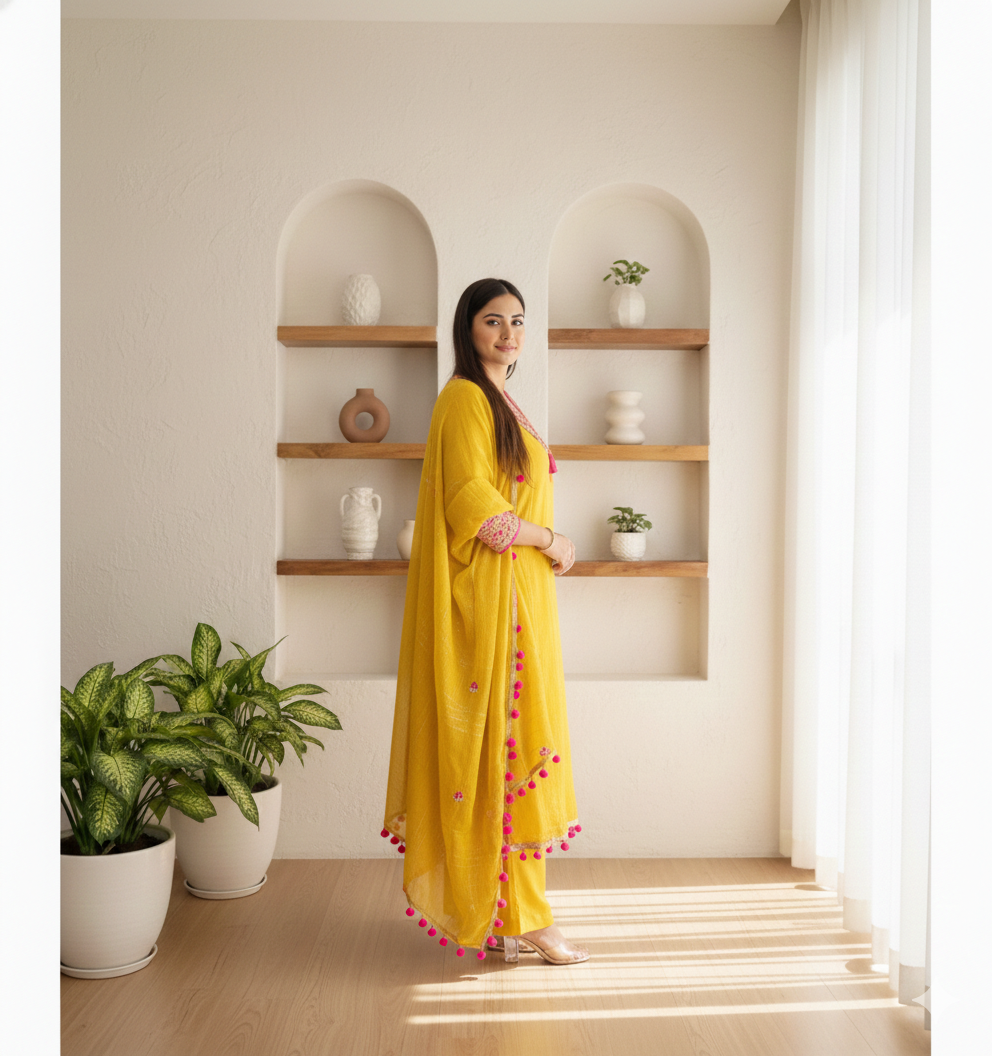 Yellow POM POM Tissue Shimmer Suit Set with Mirror & Zari Work_052