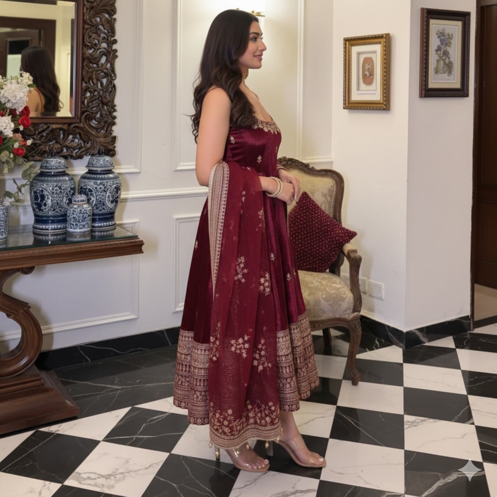 Maroon anarkali gown suit set_042
