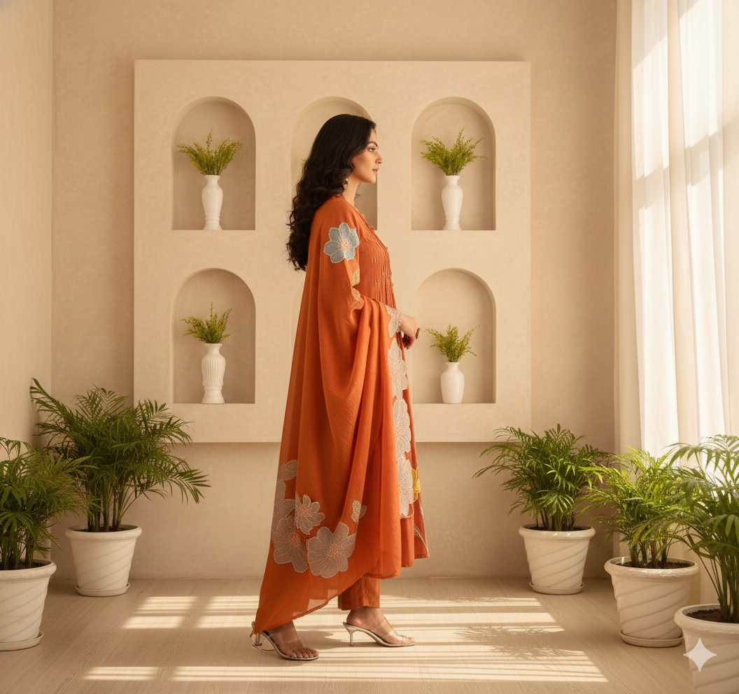 Orange (Rust) Mul Chanderi suit with Zari Work_061