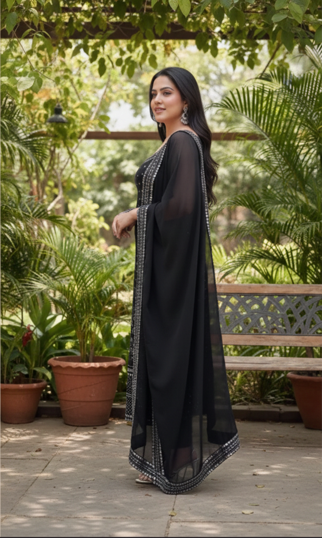 Black Georgette Designer Suit Set with Heavy Embroidery & Real Mirror Work_040