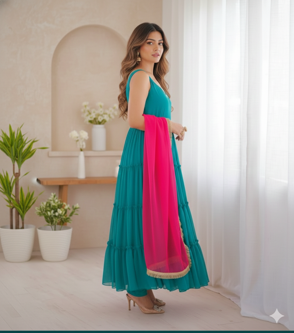 Teal Flair Georgette Chiffon Gown with Pink Golden Lace Dupatta Crepe Pant _049