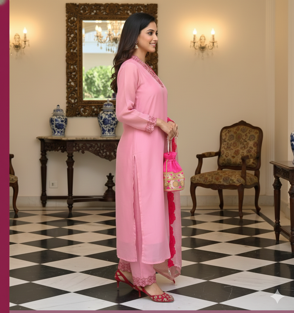 Pink Chanderi Embroidered Kurta Set with Chinon Dupatta_046